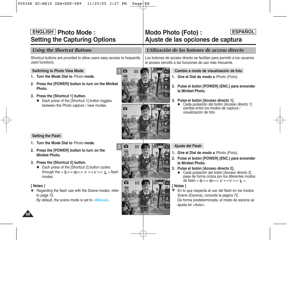 Photo mode : setting the capturing options, Utilización de los botones de acceso directo, Using the shortcut buttons | Samsung HMX-S10BN-XAC User Manual | Page 58 / 156