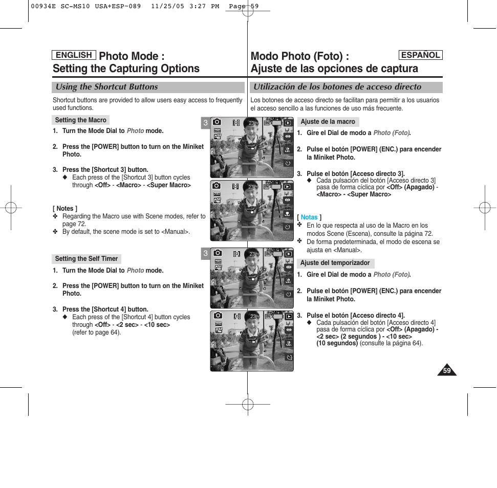 Photo mode : setting the capturing options, Utilización de los botones de acceso directo, Using the shortcut buttons | Samsung HMX-S10BN-XAC User Manual | Page 59 / 156