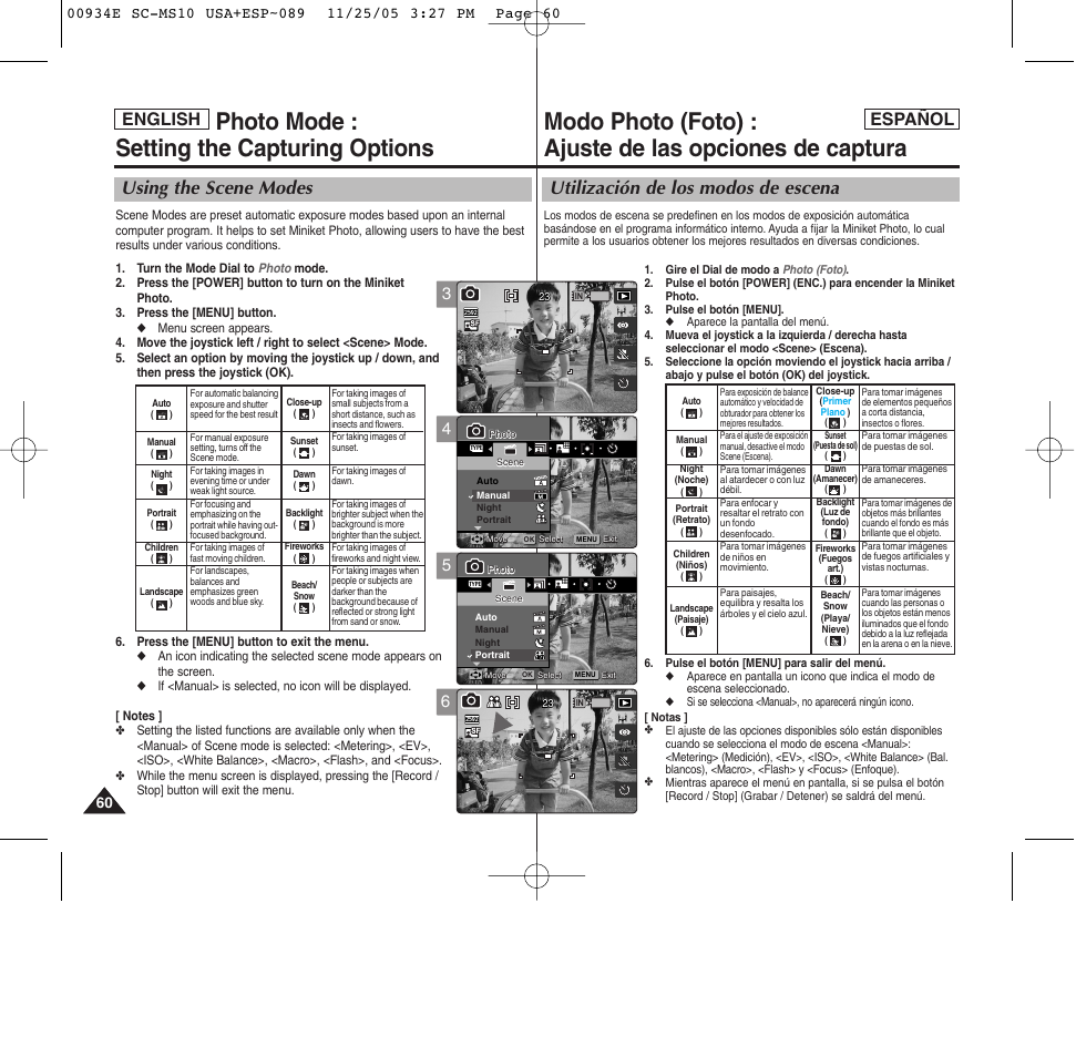 Photo mode : setting the capturing options, Utilización de los modos de escena, Using the scene modes | English español | Samsung HMX-S10BN-XAC User Manual | Page 60 / 156