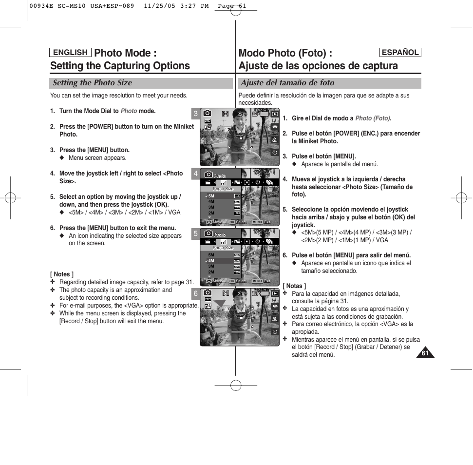 Photo mode : setting the capturing options, Ajuste del tamaño de foto, Setting the photo size | English español | Samsung HMX-S10BN-XAC User Manual | Page 61 / 156