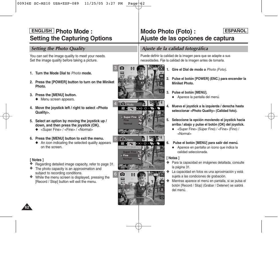 Photo mode : setting the capturing options, Ajuste de la calidad fotográfica, Setting the photo quality | English español | Samsung HMX-S10BN-XAC User Manual | Page 62 / 156
