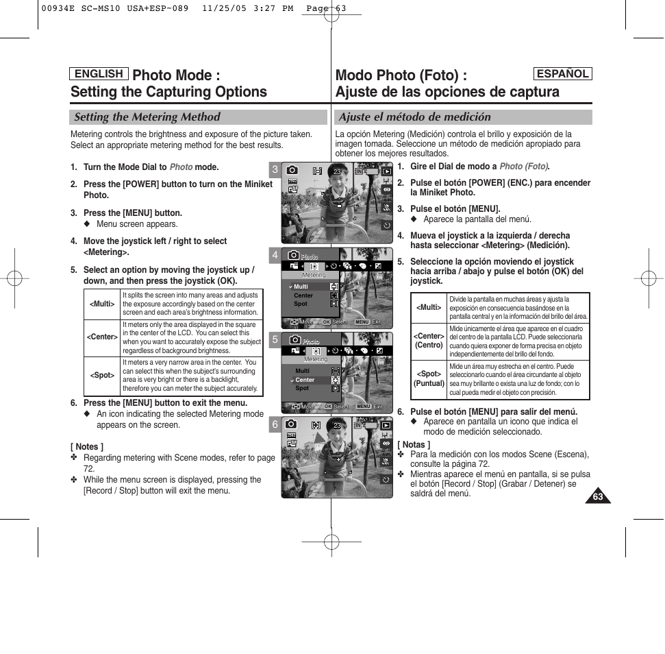 Photo mode : setting the capturing options, Ajuste el método de medición, Setting the metering method | English español | Samsung HMX-S10BN-XAC User Manual | Page 63 / 156