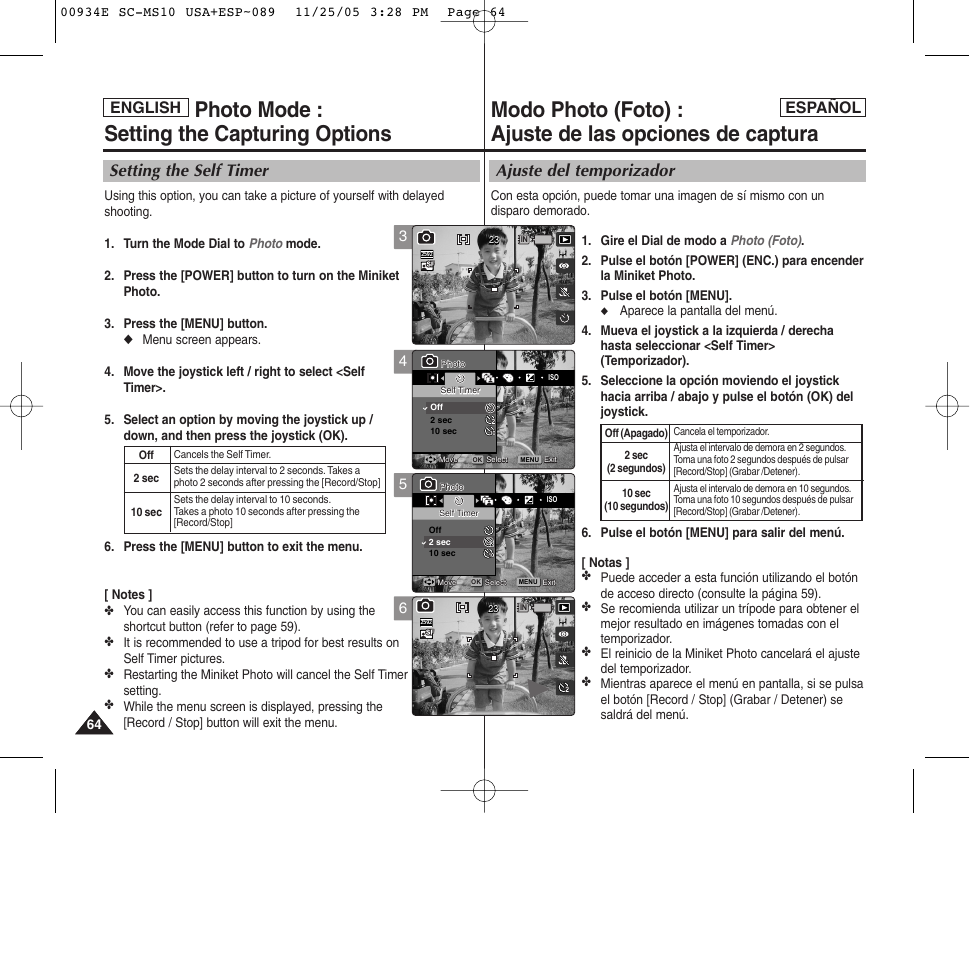 Photo mode : setting the capturing options, Ajuste del temporizador, Setting the self timer | English español | Samsung HMX-S10BN-XAC User Manual | Page 64 / 156