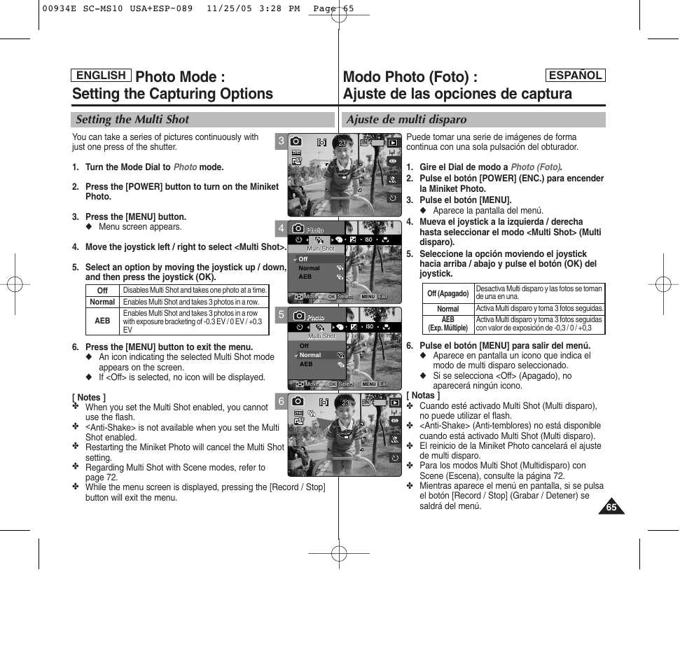 Photo mode : setting the capturing options, Ajuste de multi disparo, Setting the multi shot | English español | Samsung HMX-S10BN-XAC User Manual | Page 65 / 156