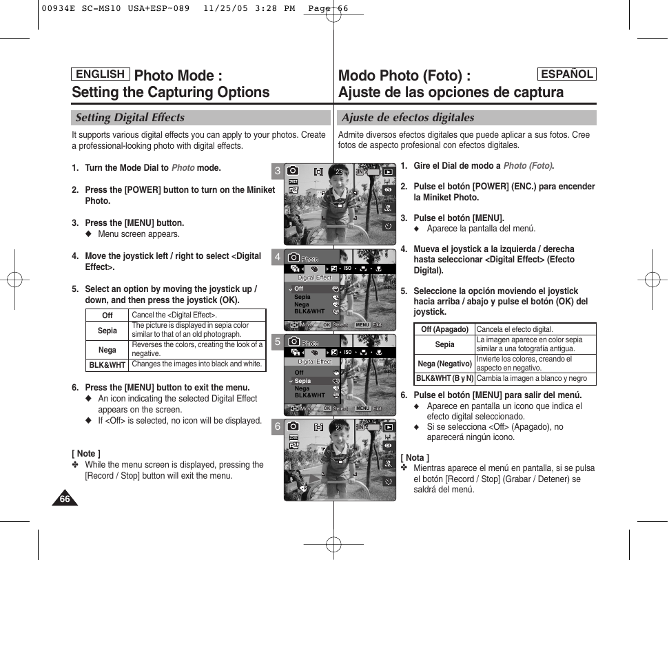 Photo mode : setting the capturing options, Ajuste de efectos digitales, Setting digital effects | English español | Samsung HMX-S10BN-XAC User Manual | Page 66 / 156