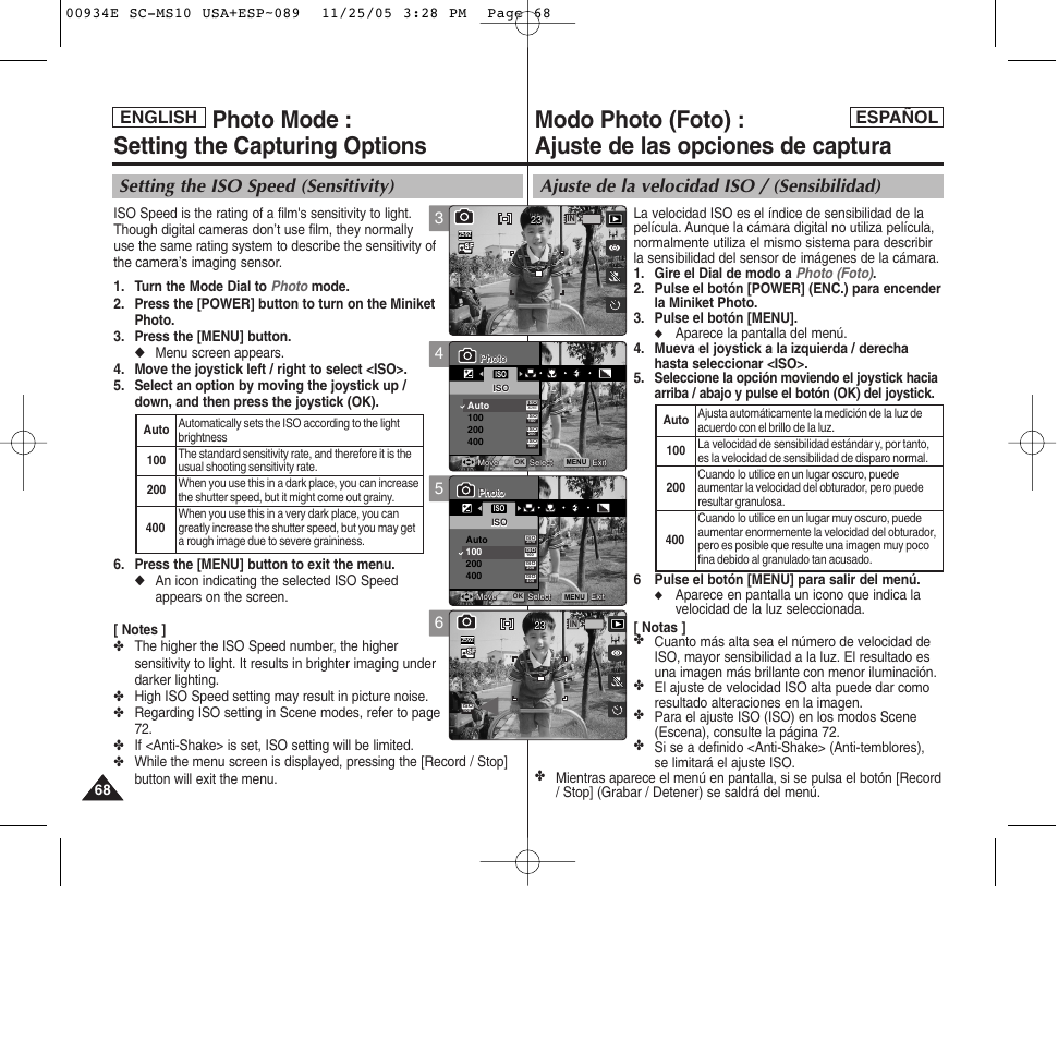 Photo mode : setting the capturing options, Ajuste de la velocidad iso / (sensibilidad), Setting the iso speed (sensitivity) | English español | Samsung HMX-S10BN-XAC User Manual | Page 68 / 156