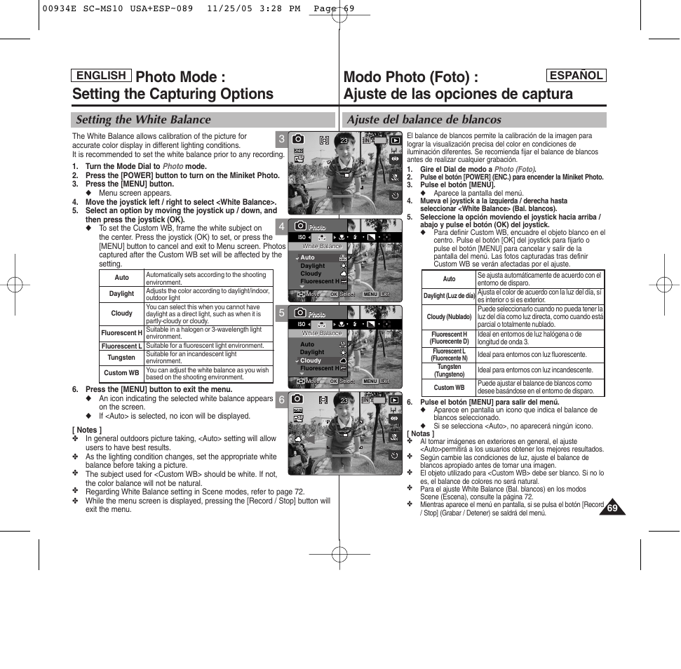 Photo mode : setting the capturing options, Ajuste del balance de blancos, Setting the white balance | English español | Samsung HMX-S10BN-XAC User Manual | Page 69 / 156