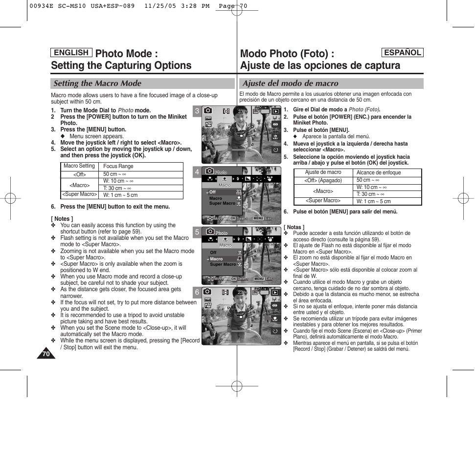 Photo mode : setting the capturing options, Ajuste del modo de macro, Setting the macro mode | English español | Samsung HMX-S10BN-XAC User Manual | Page 70 / 156