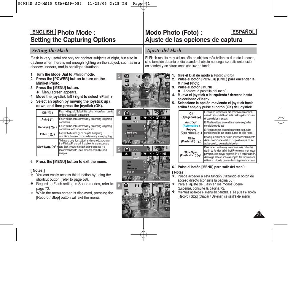 Photo mode : setting the capturing options, Ajuste del flash, Setting the flash | English español | Samsung HMX-S10BN-XAC User Manual | Page 71 / 156