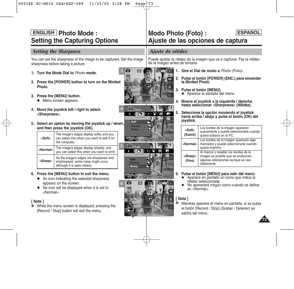 Photo mode : setting the capturing options, Ajuste de nitidez, Setting the sharpness | English español | Samsung HMX-S10BN-XAC User Manual | Page 73 / 156