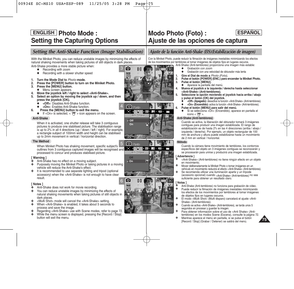 Photo mode : setting the capturing options, English español | Samsung HMX-S10BN-XAC User Manual | Page 75 / 156