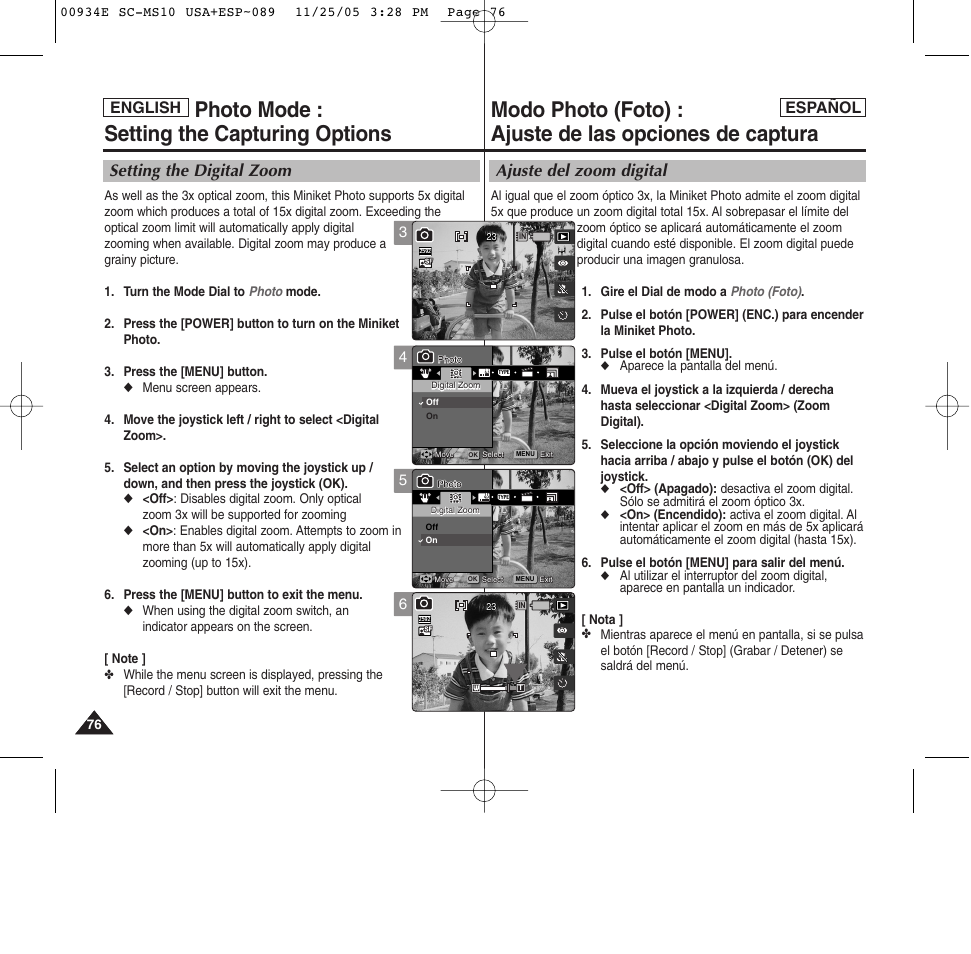 Photo mode : setting the capturing options, Ajuste del zoom digital, Setting the digital zoom | English español | Samsung HMX-S10BN-XAC User Manual | Page 76 / 156