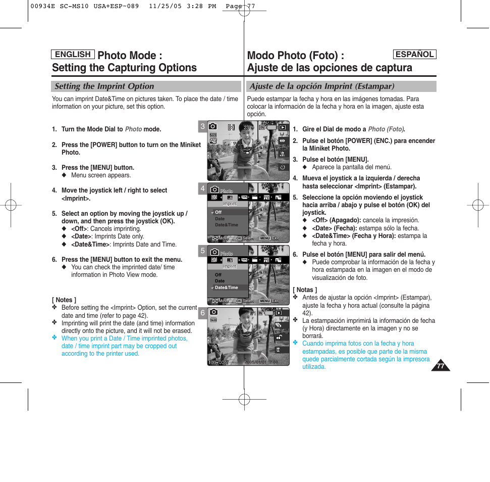 Photo mode : setting the capturing options, Ajuste de la opción imprint (estampar), Setting the imprint option | English español | Samsung HMX-S10BN-XAC User Manual | Page 77 / 156