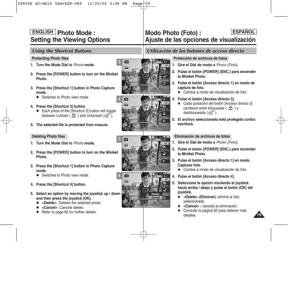 Photo mode : setting the viewing options, Utilización de los botones de acceso directo, Using the shortcut buttons | Samsung HMX-S10BN-XAC User Manual | Page 79 / 156