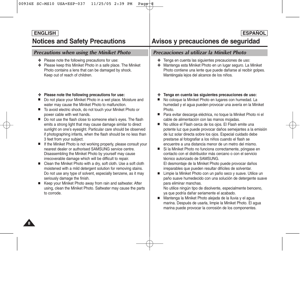 Avisos y precauciones de seguridad, Notices and safety precautions, Precauciones al utilizar la miniket photo | Precautions when using the miniket photo | Samsung HMX-S10BN-XAC User Manual | Page 8 / 156