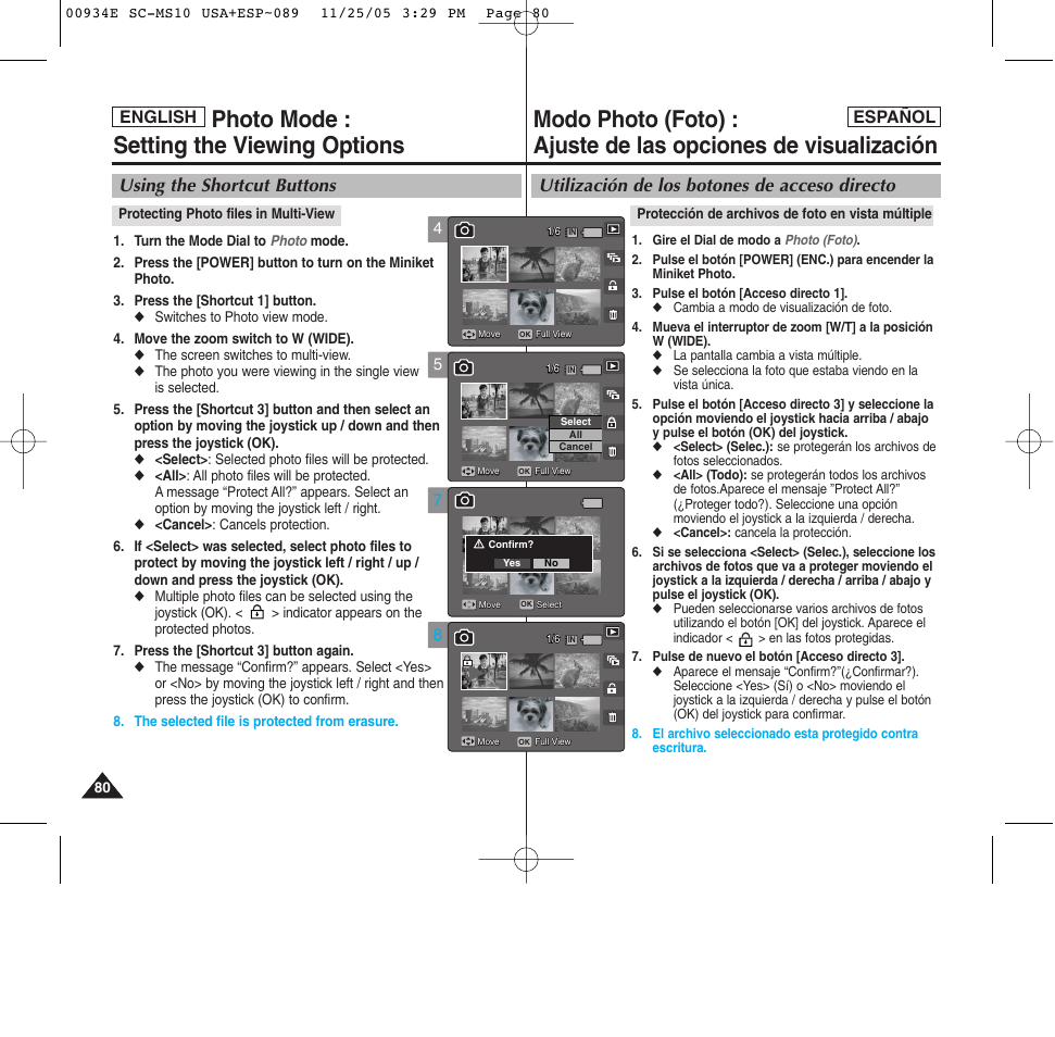 Photo mode : setting the viewing options, Utilización de los botones de acceso directo, Using the shortcut buttons | English español | Samsung HMX-S10BN-XAC User Manual | Page 80 / 156