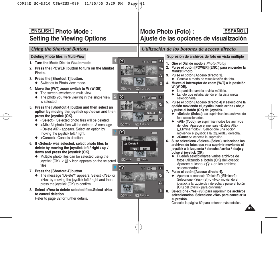 Photo mode : setting the viewing options, Utilización de los botones de acceso directo, Using the shortcut buttons | English español | Samsung HMX-S10BN-XAC User Manual | Page 81 / 156