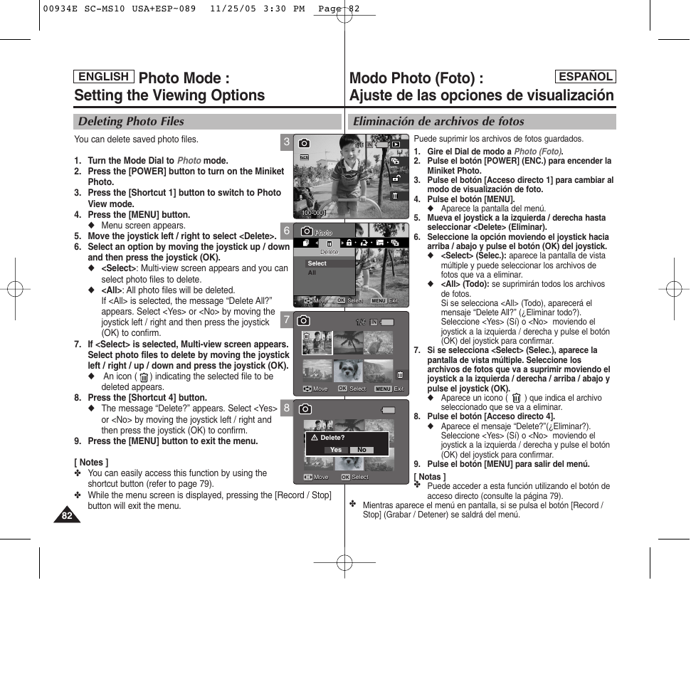 Photo mode : setting the viewing options, Eliminación de archivos de fotos, Deleting photo files | English español | Samsung HMX-S10BN-XAC User Manual | Page 82 / 156