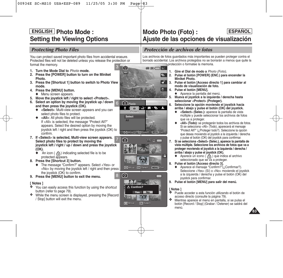 Photo mode : setting the viewing options, Protección de archivos de fotos, Protecting photo files | English español | Samsung HMX-S10BN-XAC User Manual | Page 83 / 156