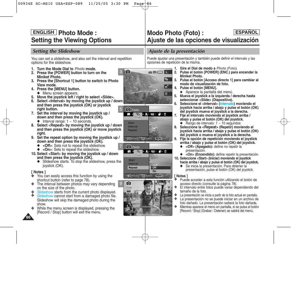 Photo mode : setting the viewing options, Ajuste de la presentación, Setting the slideshow | English español | Samsung HMX-S10BN-XAC User Manual | Page 86 / 156