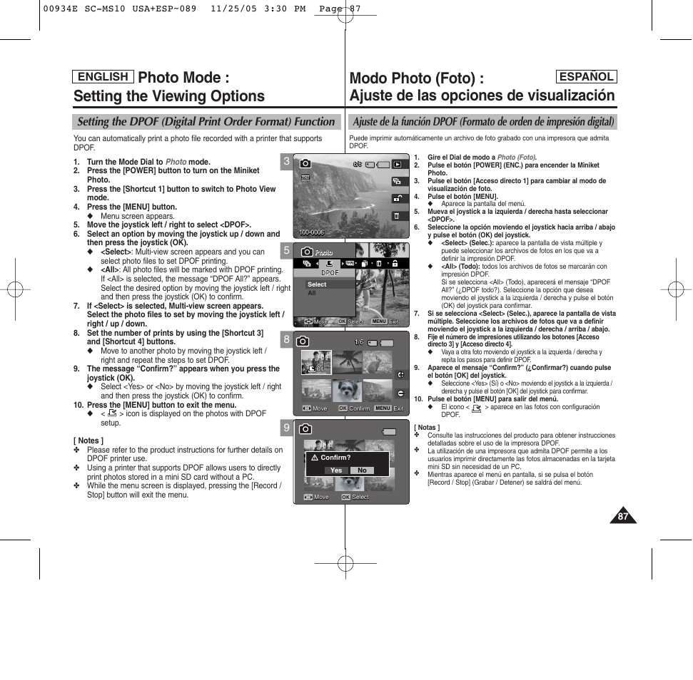 Photo mode : setting the viewing options, English español | Samsung HMX-S10BN-XAC User Manual | Page 87 / 156