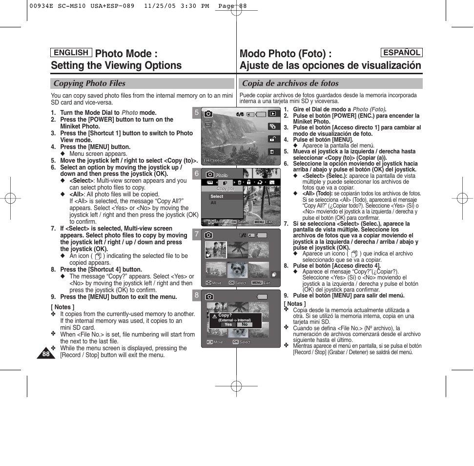 Photo mode : setting the viewing options, Copia de archivos de fotos, Copying photo files | English español | Samsung HMX-S10BN-XAC User Manual | Page 88 / 156