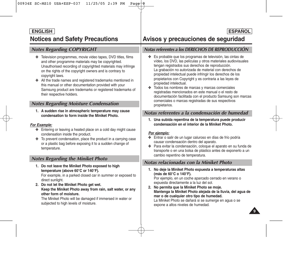 Avisos y precauciones de seguridad, Notices and safety precautions | Samsung HMX-S10BN-XAC User Manual | Page 9 / 156