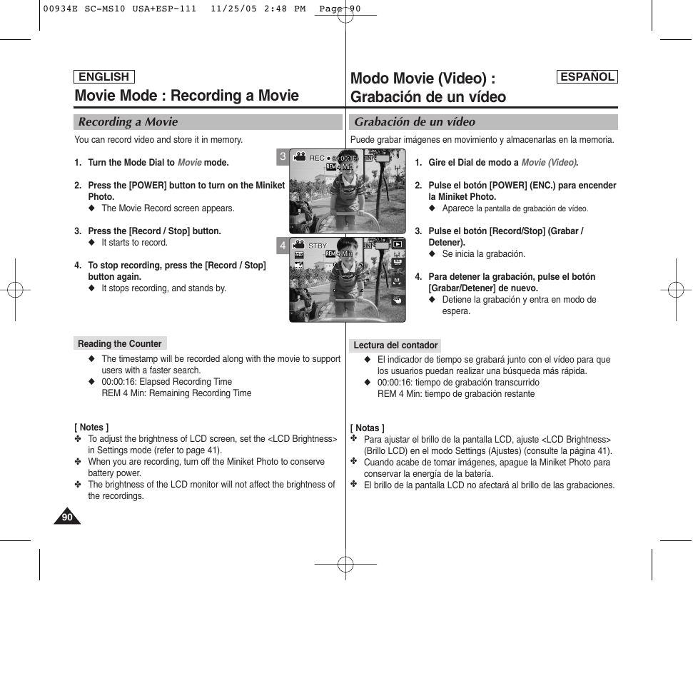 Modo movie (video) : grabación de un vídeo, Movie mode : recording a movie, Grabación de un vídeo | Recording a movie, English español | Samsung HMX-S10BN-XAC User Manual | Page 90 / 156