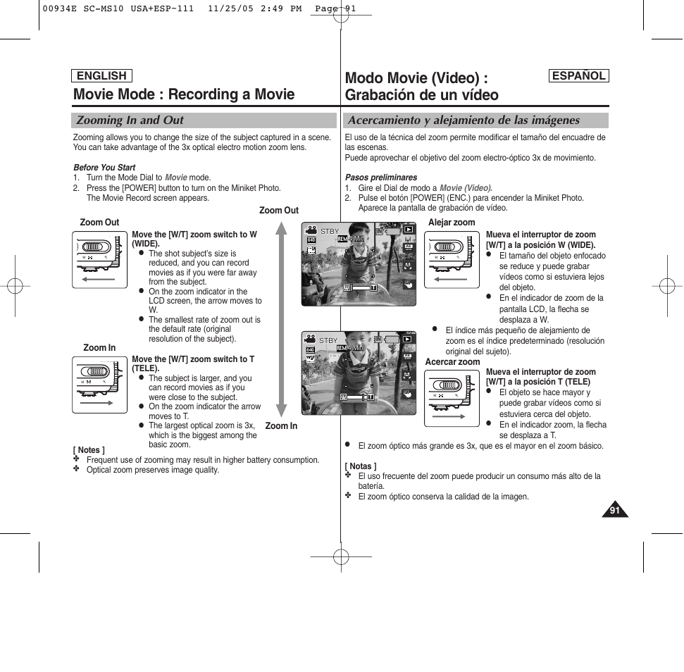 Modo movie (video) : grabación de un vídeo, Movie mode : recording a movie, Acercamiento y alejamiento de las imágenes | Zooming in and out, Español, English | Samsung HMX-S10BN-XAC User Manual | Page 91 / 156