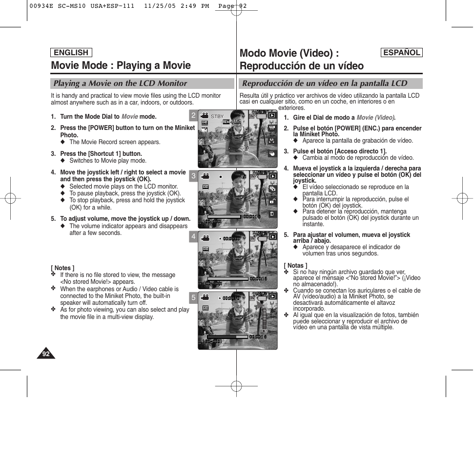 Modo movie (video) : reproducción de un vídeo, Movie mode : playing a movie, Reproducción de un vídeo en la pantalla lcd | Playing a movie on the lcd monitor, English español | Samsung HMX-S10BN-XAC User Manual | Page 92 / 156