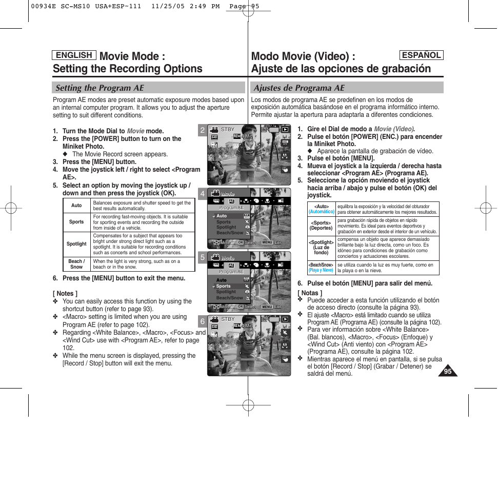 Movie mode : setting the recording options, Ajustes de programa ae, Setting the program ae | English español | Samsung HMX-S10BN-XAC User Manual | Page 95 / 156