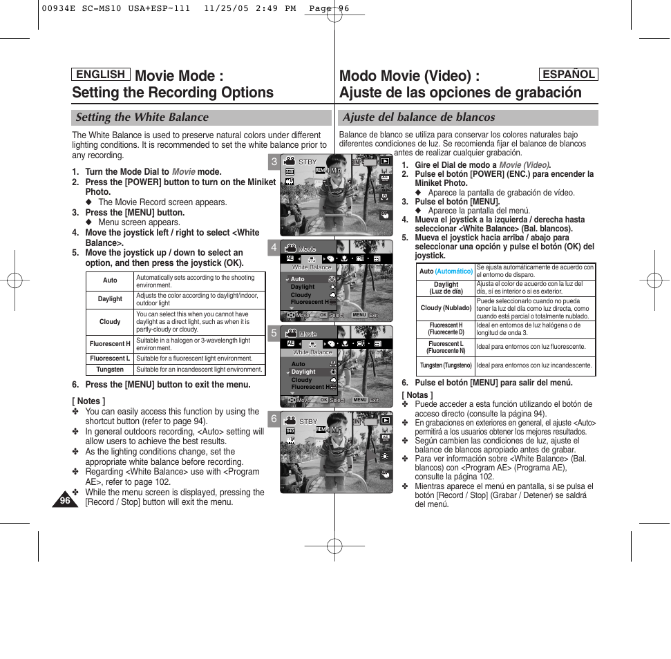 Movie mode : setting the recording options, Ajuste del balance de blancos, Setting the white balance | Español english | Samsung HMX-S10BN-XAC User Manual | Page 96 / 156