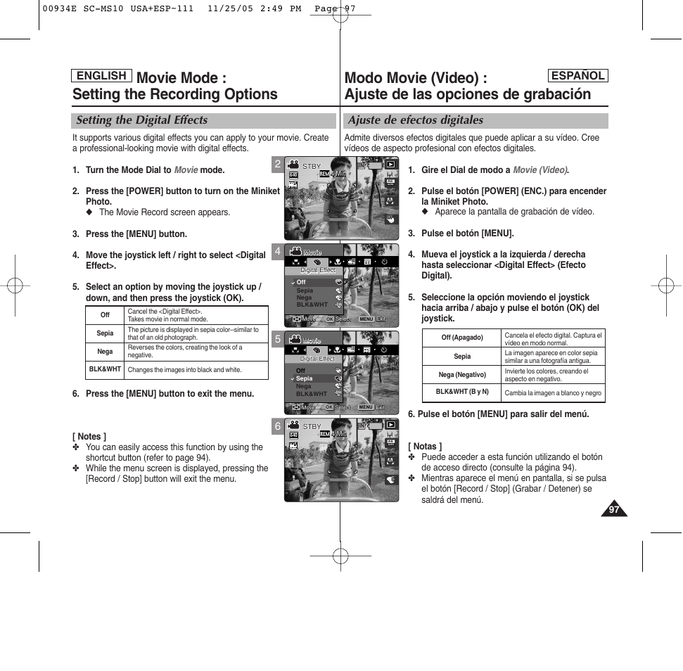 Movie mode : setting the recording options, Ajuste de efectos digitales, Setting the digital effects | English español | Samsung HMX-S10BN-XAC User Manual | Page 97 / 156