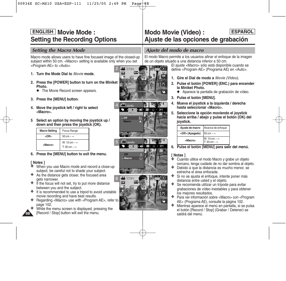 Movie mode : setting the recording options, Setting the macro mode, Ajuste del modo de macro | Español english | Samsung HMX-S10BN-XAC User Manual | Page 98 / 156