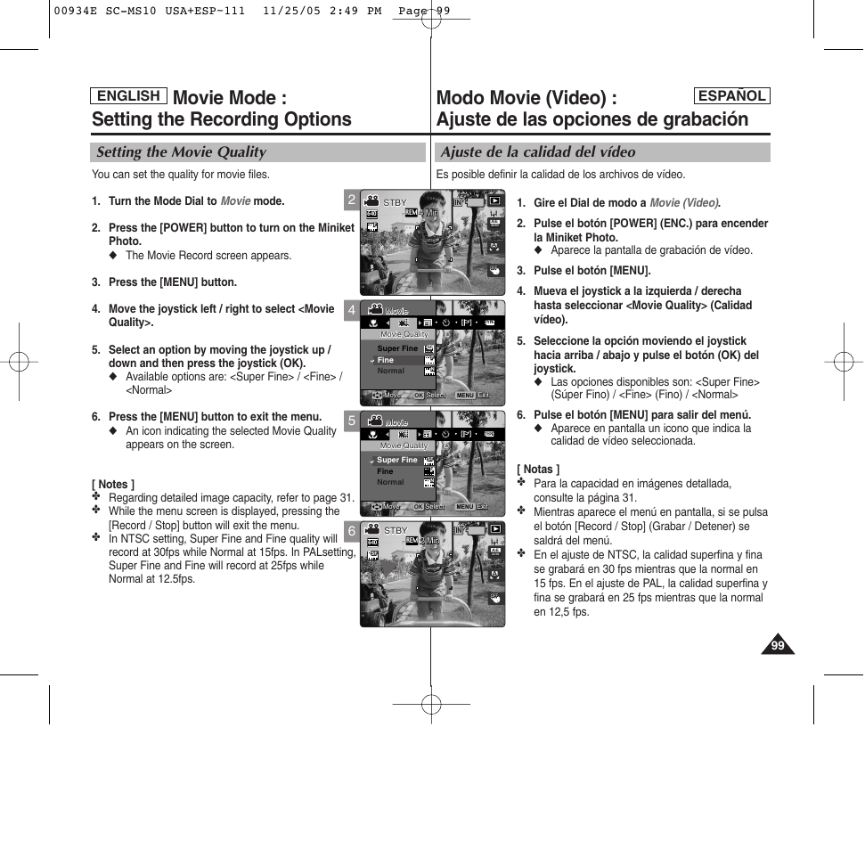 Movie mode : setting the recording options, Ajuste de la calidad del vídeo, Setting the movie quality | English español | Samsung HMX-S10BN-XAC User Manual | Page 99 / 156