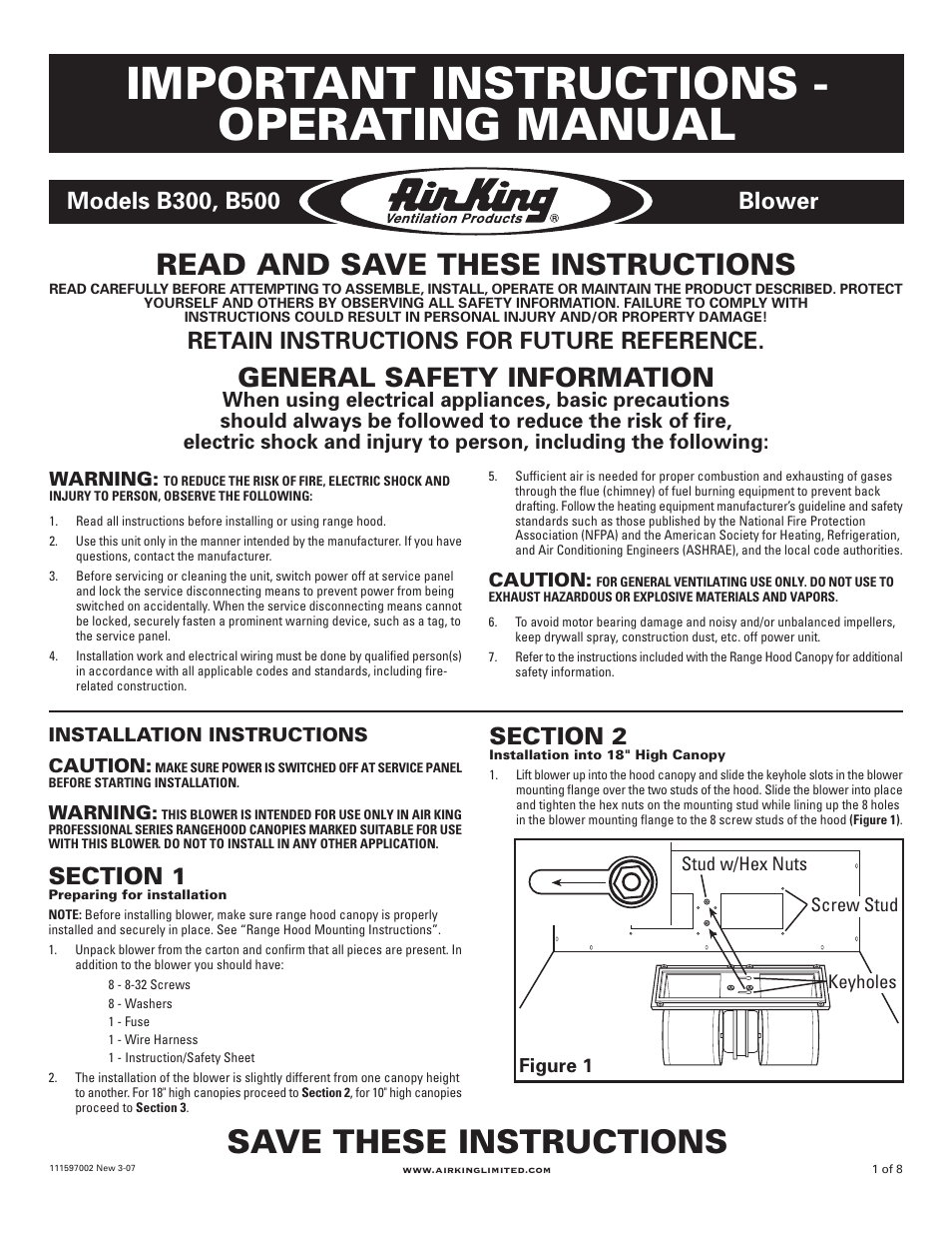 Air King Blower B300 User Manual | 8 pages