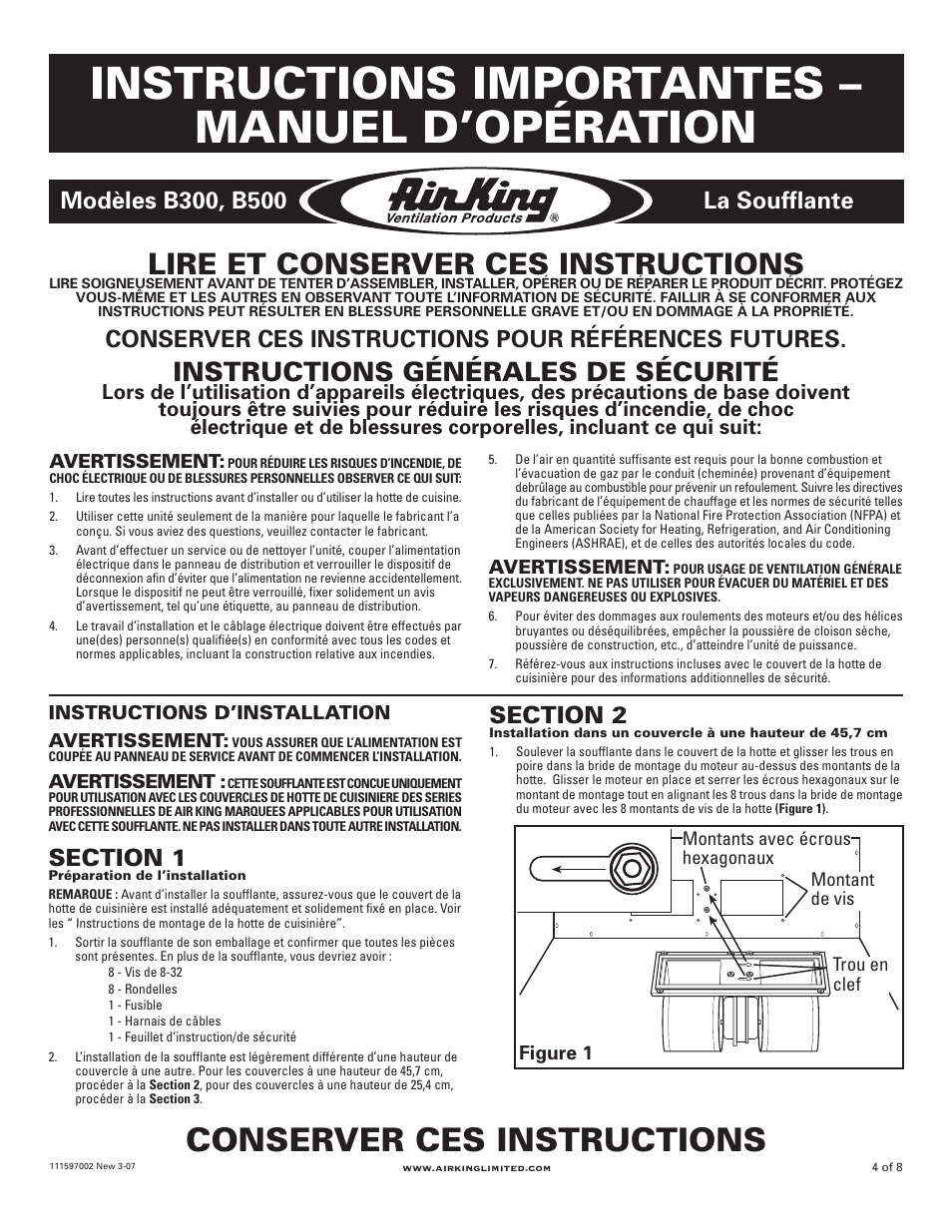 Instructions importantes – manuel d’opération, Conserver ces instructions, Lire et conserver ces instructions | Instructions générales de sécurité, Conserver ces instructions pour références futures | Air King Blower B300 User Manual | Page 4 / 8