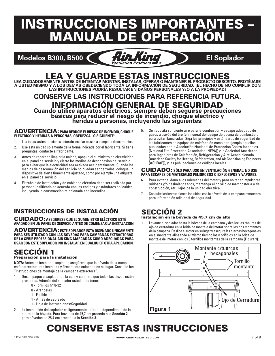 Instrucciones importantes – manual de operación, Conserve estas instrucciones, Lea y guarde estas instrucciones | Información general de seguridad, Conserve las instrucciones para referencia futura, Sección 1, Sección 2 | Air King Blower B300 User Manual | Page 7 / 8