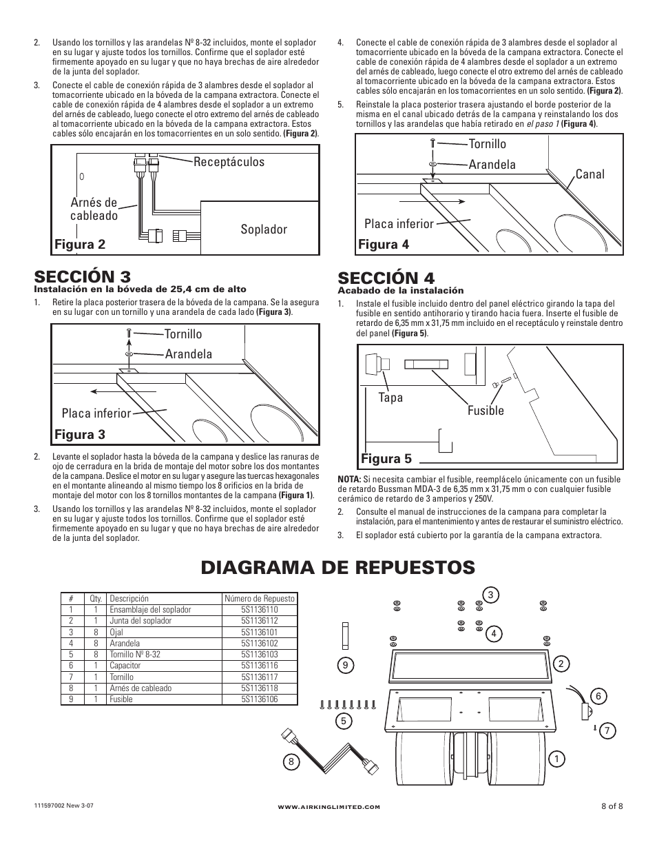 Diagrama de repuestos, Sección 4, Sección 3 | Figura 2, Figura 3, Figura 5, Figura 4, Soplador arnés de cableado, Receptáculos, Tornillo placa inferior arandela fusible | Air King Blower B300 User Manual | Page 8 / 8