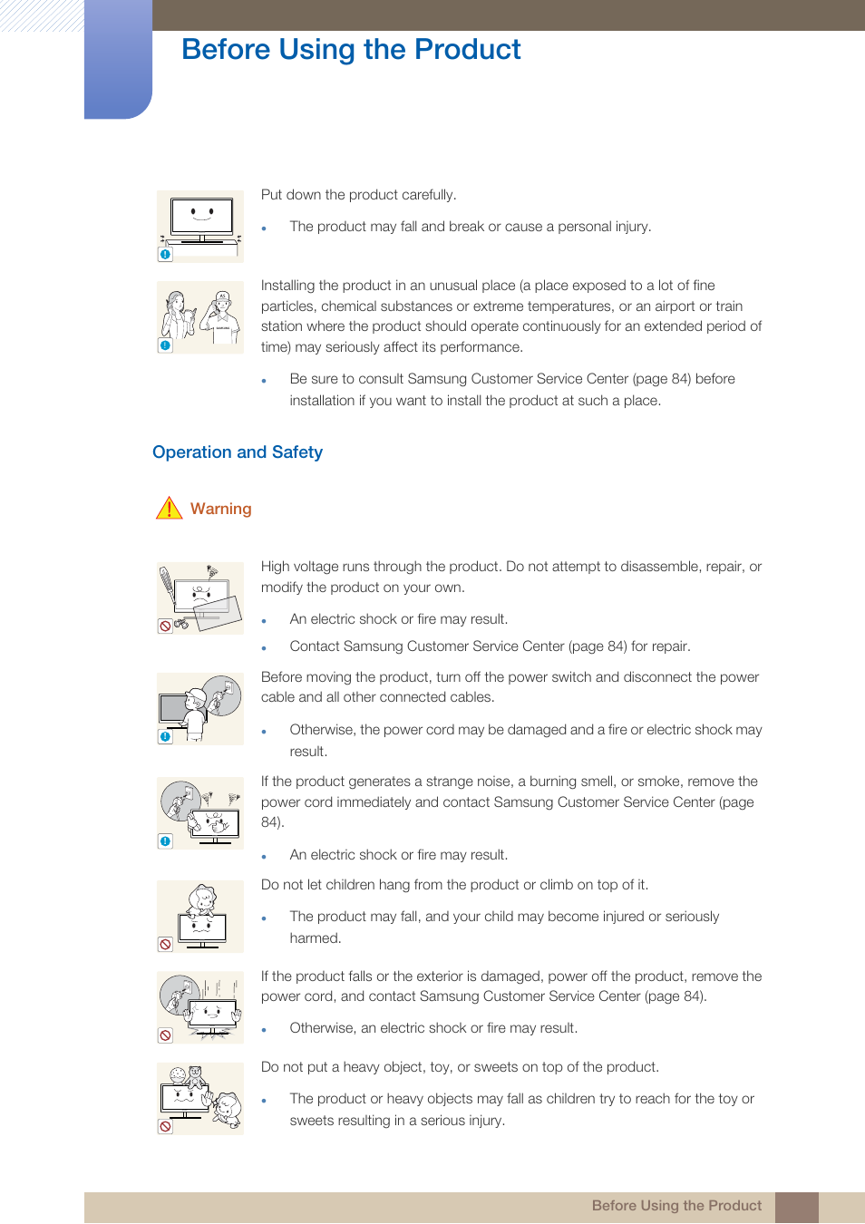 Operation and safety, Before using the product, Warning | Samsung LS24B750VSG-ZA User Manual | Page 13 / 94