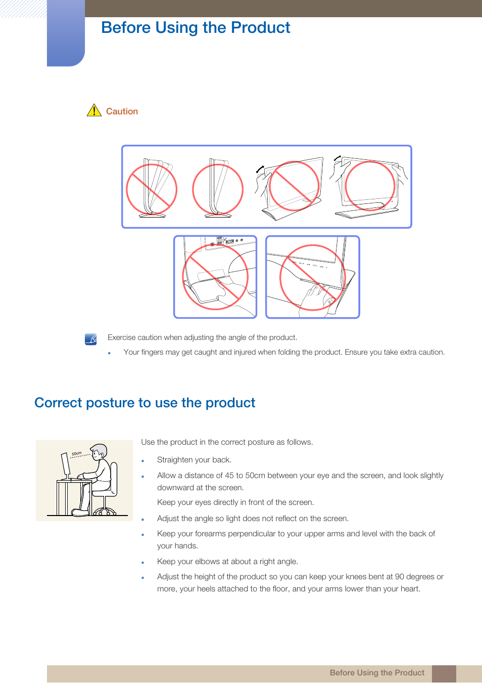 Correct posture to use the product, Before using the product | Samsung LS24B750VSG-ZA User Manual | Page 17 / 94