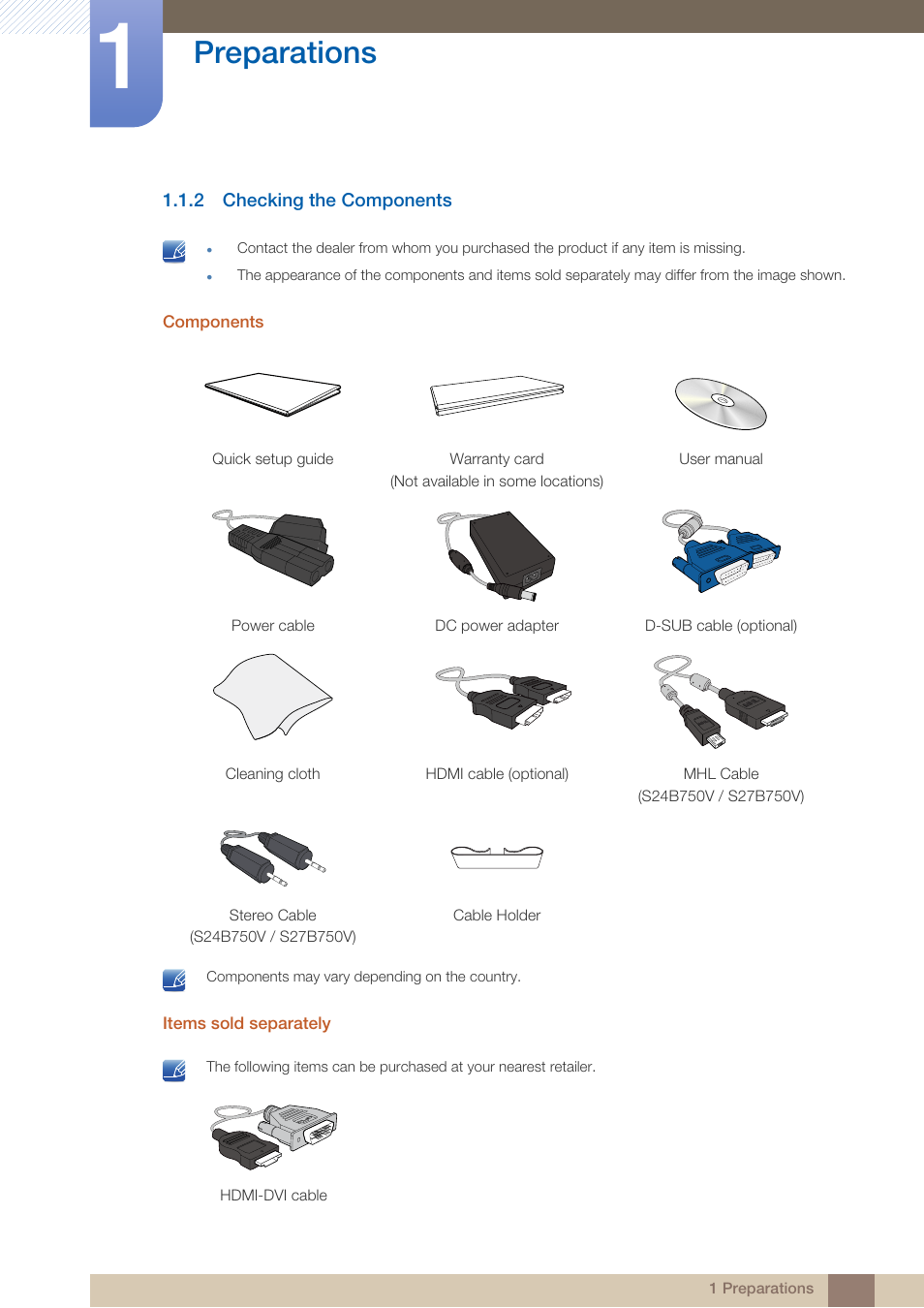2 checking the components, Checking the components, Preparations | Samsung LS24B750VSG-ZA User Manual | Page 19 / 94