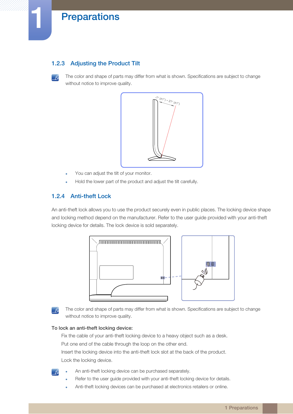 3 adjusting the product tilt, 4 anti-theft lock, Adjusting the product tilt | Anti-theft lock, Preparations | Samsung LS24B750VSG-ZA User Manual | Page 24 / 94