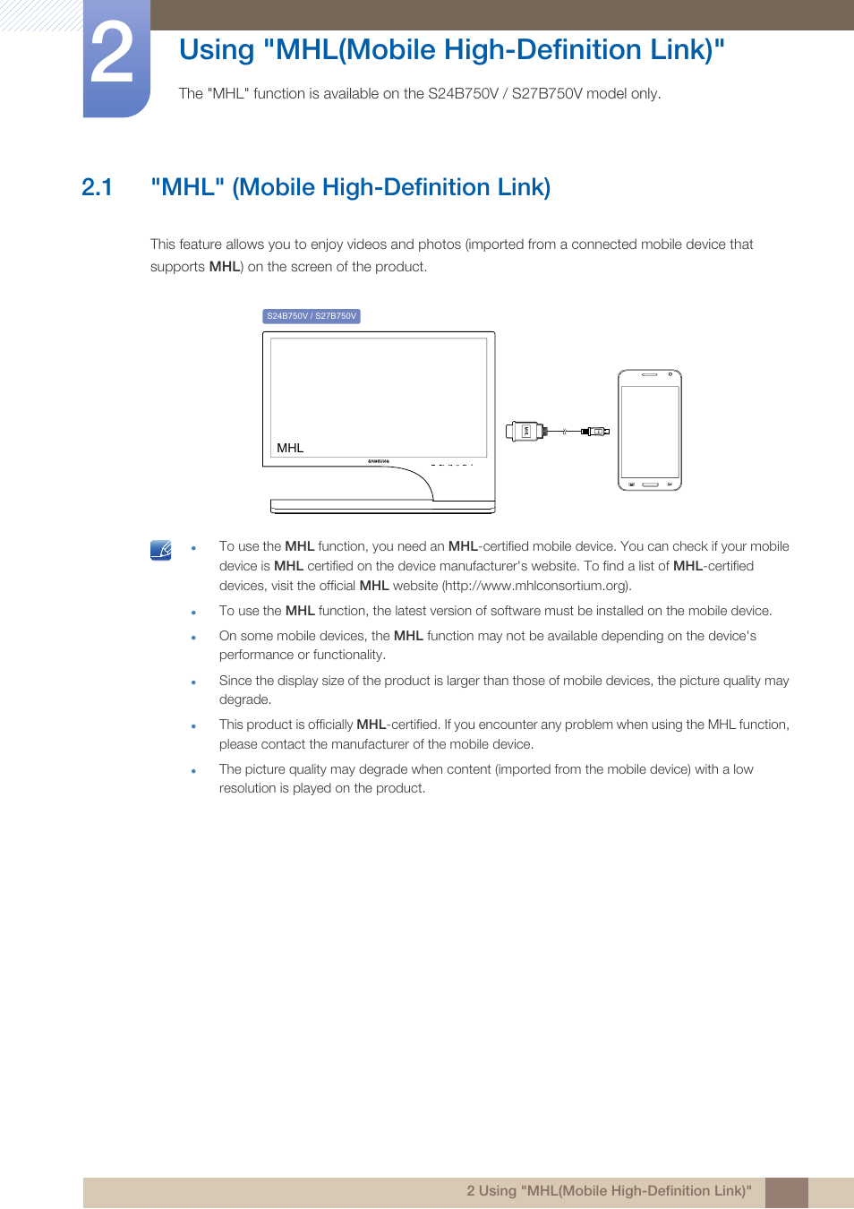 Using "mhl(mobile high-definition link), 1 "mhl" (mobile high-definition link), Using "mhl(mobile | High-definition link), Mhl" (mobile high-definition link), Function, refer to " using "mhl(mobile | Samsung LS24B750VSG-ZA User Manual | Page 25 / 94