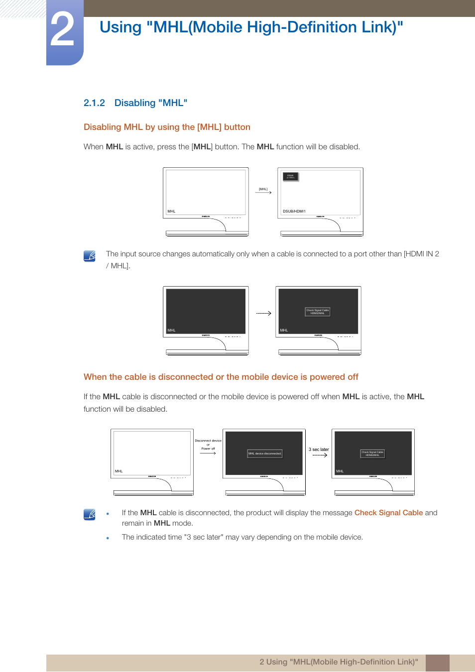 2 disabling "mhl, Disabling "mhl, Using "mhl(mobile high-definition link) | Disabling mhl by using the [mhl] button | Samsung LS24B750VSG-ZA User Manual | Page 28 / 94