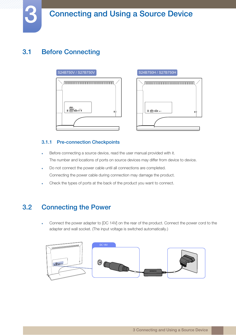 Connecting and using a source device, 1 before connecting, 1 pre-connection checkpoints | 2 connecting the power, Connecting and using, A source device, Before connecting, Pre-connection checkpoints, Connecting the power | Samsung LS24B750VSG-ZA User Manual | Page 29 / 94