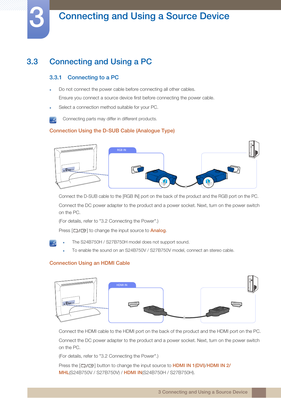 3 connecting and using a pc, 1 connecting to a pc, Connecting and using a pc | Connecting to a pc, Connecting and using a source device | Samsung LS24B750VSG-ZA User Manual | Page 30 / 94