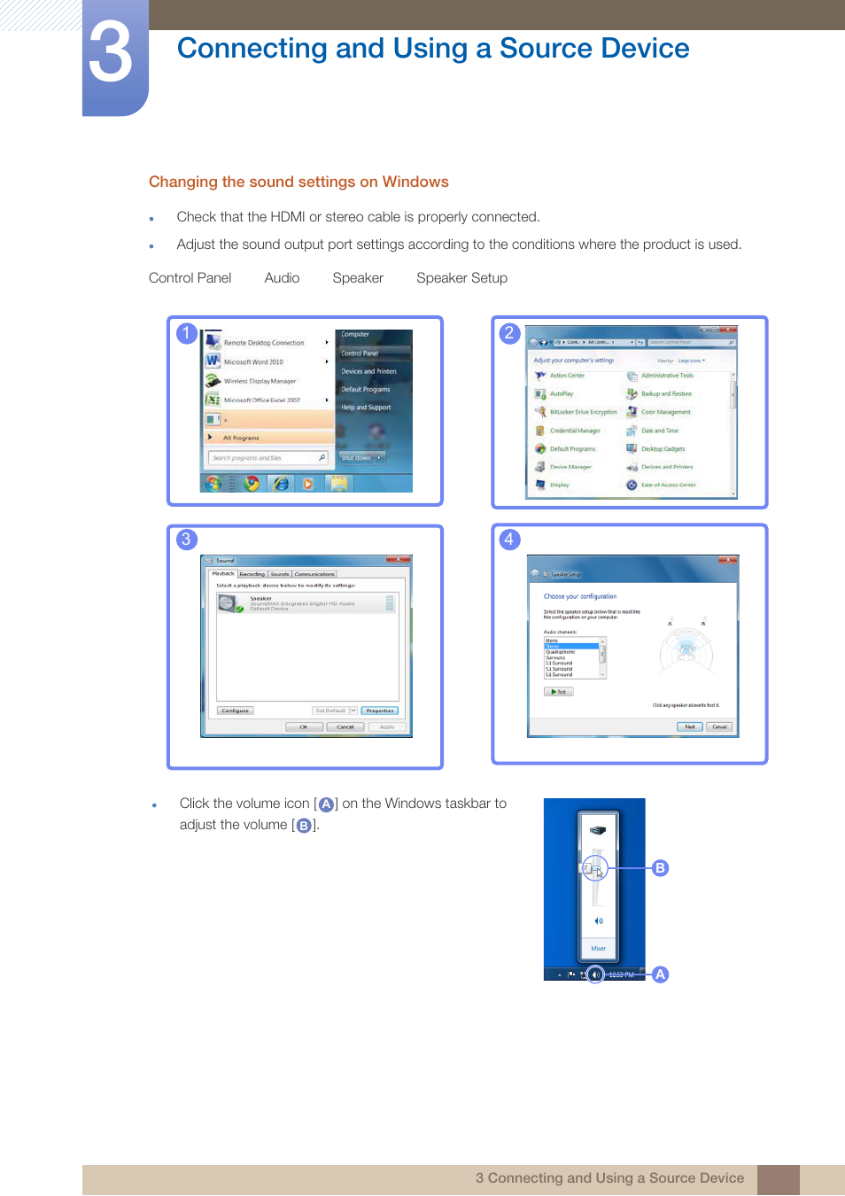 Connecting and using a source device | Samsung LS24B750VSG-ZA User Manual | Page 33 / 94