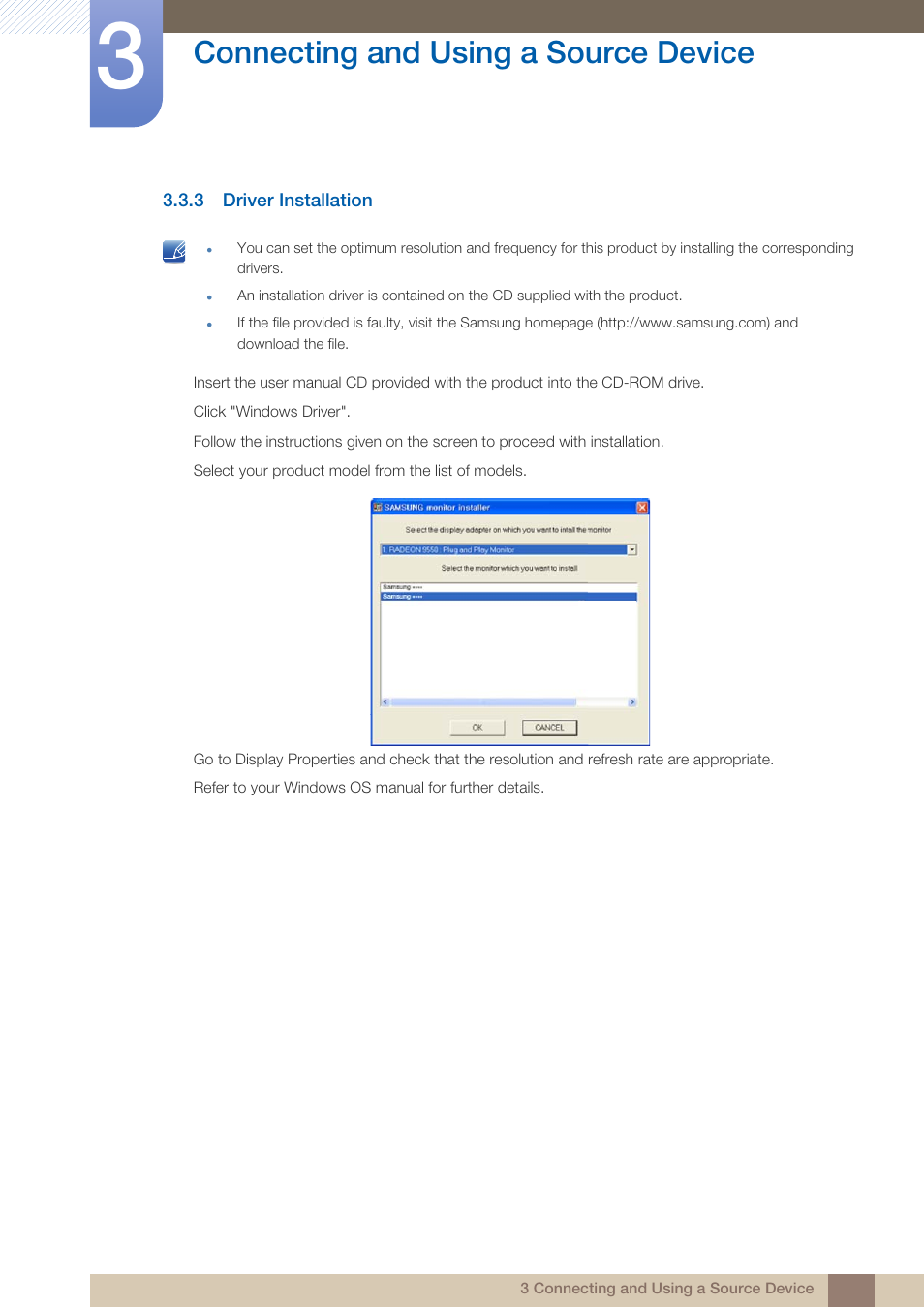 3 driver installation, Driver installation, Connecting and using a source device | Samsung LS24B750VSG-ZA User Manual | Page 34 / 94