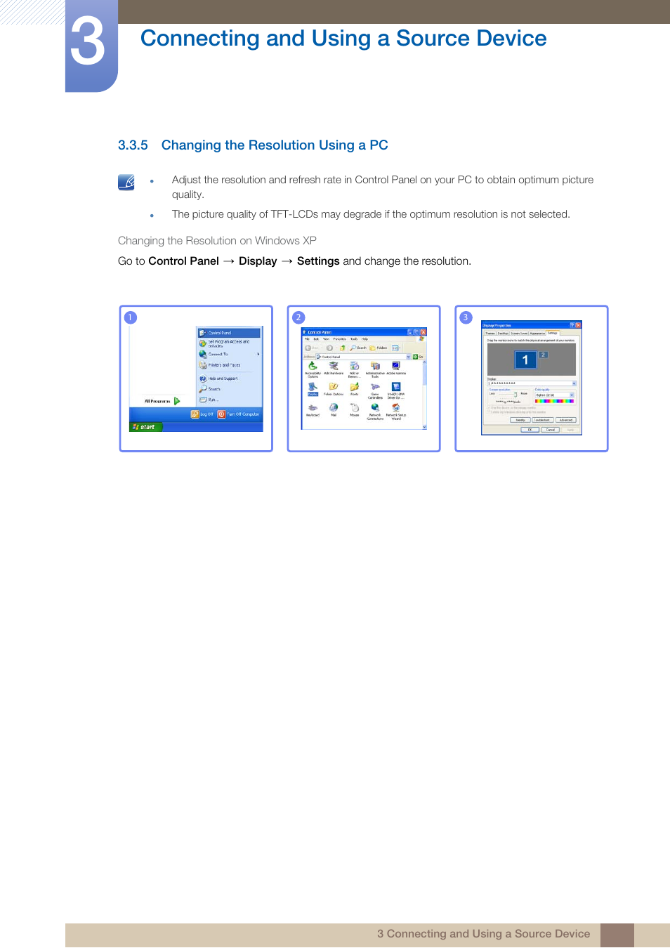 5 changing the resolution using a pc, Changing the resolution using a pc, Connecting and using a source device | Samsung LS24B750VSG-ZA User Manual | Page 36 / 94
